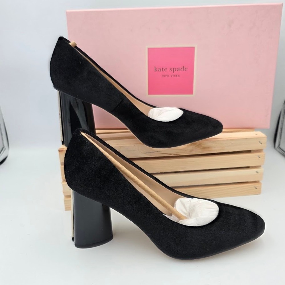 Kate Spade Sybil Pumps Women 7.5 Black Velvet Crystal‎ Block Heel S8351005 - Picture 2 of 7